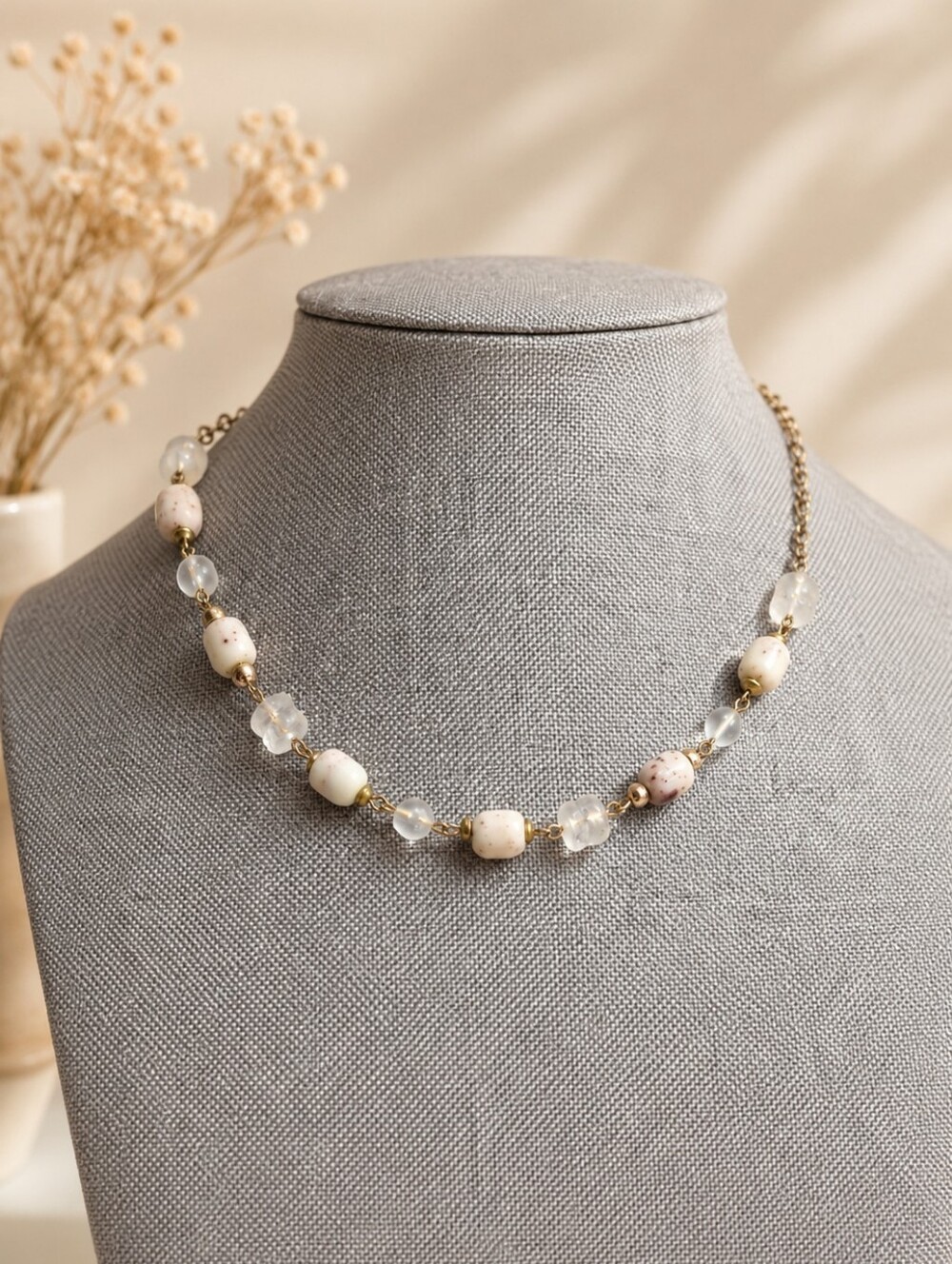 Elegant Beaded Necklace with Gold Accents Clear Glass & Cream Stone Beads
